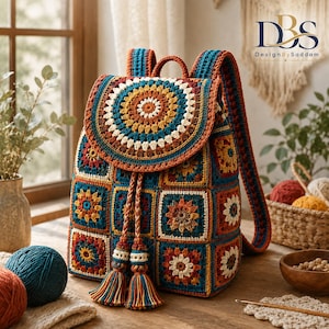 Op de afbeelding: Een gehaakte rugzak met een ronde mandala-flap en vierkante granny-motieven in tinten blauwgroen, oranje, geel en crème. De tas heeft een trekkoordsluiting met gevlochten koorden en grote kwastjes, plus twee schouderbanden.