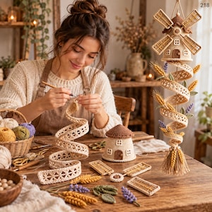 May include: A crochet windmill mobile featuring a hanging structure with a brown roof, beige lattice walls, and a spiral base adorned with crocheted wheat stalks and lavender sprigs. The mobile includes a matching small windmill house ornament.
