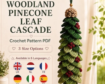 May include: A crochet pattern PDF titled Woodland Pinecone Leaf Cascade featuring 3 size options and 6 languages. The image displays a hanging decoration made of layered green crochet leaves, small red berries, and a tan pinecone top with gold beads.