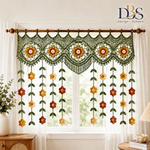 Crochet Flower Curtain Pattern PDF, Autumn Garden Lace Window Valance, Hanging Vine Decor