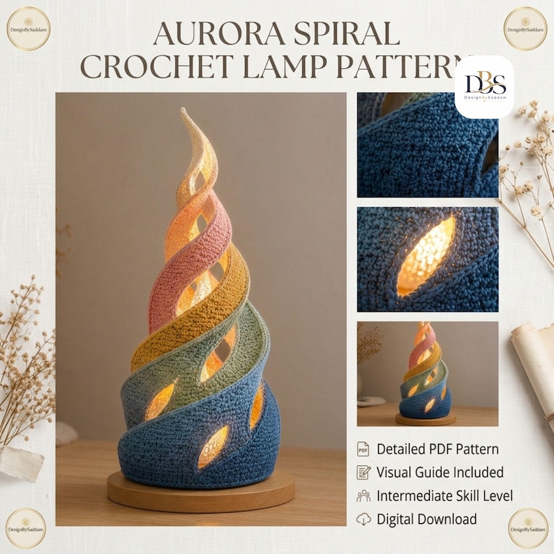 May include: A crochet lamp pattern titled Aurora Spiral Crochet Lamp Pattern. The lamp features a spiral design in gradient colors of blue, green, yellow, and pink, with cutouts emitting warm light. Includes a PDF pattern and visual guide.