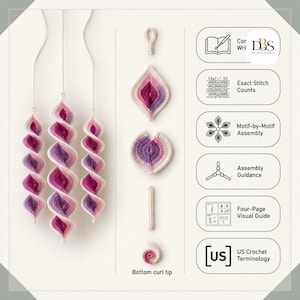May include: Three hanging spiral ornaments in shades of pink, purple, and white, alongside individual crochet components including a loop, leaf-shaped motifs, a straight segment, and a bottom curl tip, with text labels for crochet pattern features.