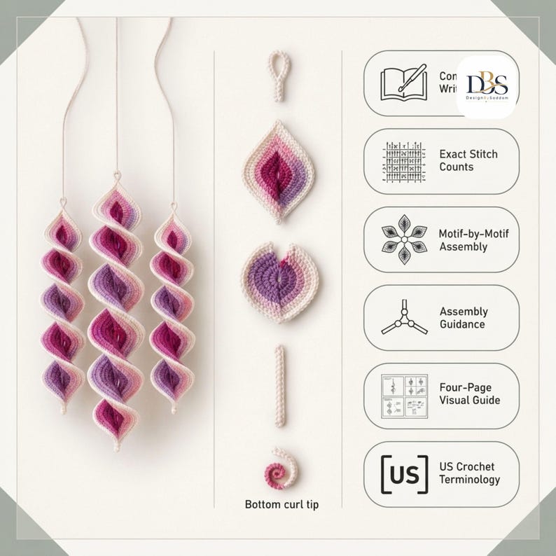May include: Three hanging spiral ornaments in shades of pink, purple, and white, alongside individual crochet components including a loop, leaf-shaped motifs, a straight segment, and a bottom curl tip, with text labels for crochet pattern features.