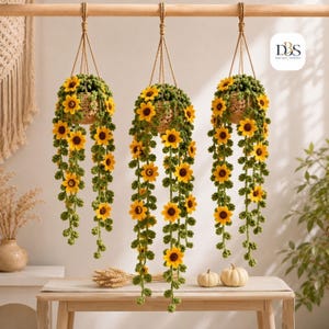 Patrón de planta colgante de girasol a crochet en PDF, Trío Cascada Dorada, Decoración de pared floral bohemia
