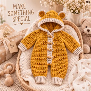 Baby Bear Hooded Romper Crochet Pattern PDF, 6–12 Months, Toggle Jumpsuit