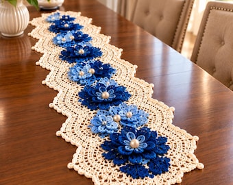 Crochet Table Runner Pattern – Blue 3D Flowers, Lace Medallion PDF