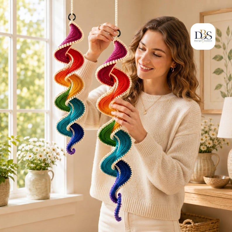 May include: Two hanging spiral decorations made of crocheted yarn in a vibrant rainbow gradient, transitioning from deep purple to blue, green, yellow, orange, and red, finished with a cream-colored scalloped edge and suspended by white cords.