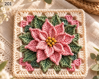 Puede incluir: Un motivo de ganchillo cuadrado que presenta una flor de pascua rosa tridimensional en el centro con un corazón amarillo, rodeada de hojas verdes y pequeños detalles rosas, enmarcada por un borde color crema con el número 201 en la esquina.