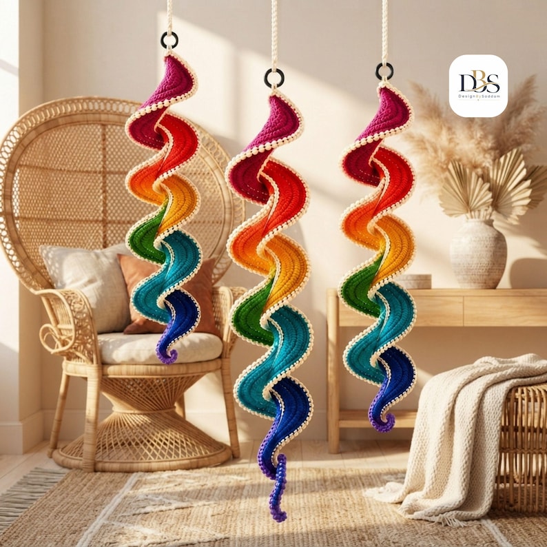 May include: Three hanging spiral decorations featuring a vibrant rainbow gradient of crocheted yarn. Each spiral transitions from deep magenta at the top through orange, yellow, green, and blue, ending in violet, with a white crocheted edge.