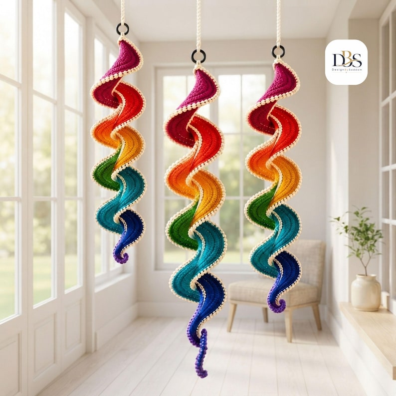 May include: Three hanging spiral decorations featuring a vibrant rainbow gradient of magenta, red, orange, yellow, green, teal, blue, and purple yarn. Each spiral is edged with small white beads and suspended from a white cord with a black ring.