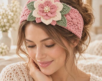 Puede incluir: Una diadema de ganchillo rosa con un patrón texturizado y un adorno floral grande y superpuesto en crema y rosa. La flor está acentuada con pequeñas perlas blancas en el centro y flanqueada por dos hojas de ganchillo en color verde salvia.