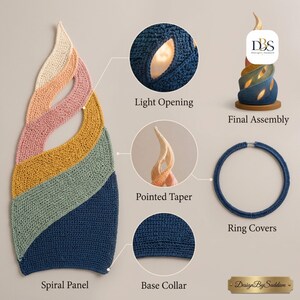 May include: A crochet lamp assembly guide featuring a multi-colored spiral panel in cream, pink, mustard, sage, and navy blue. Includes circular detail insets labeled Light Opening, Pointed Taper, Final Assembly, Ring Covers, and Base Collar.