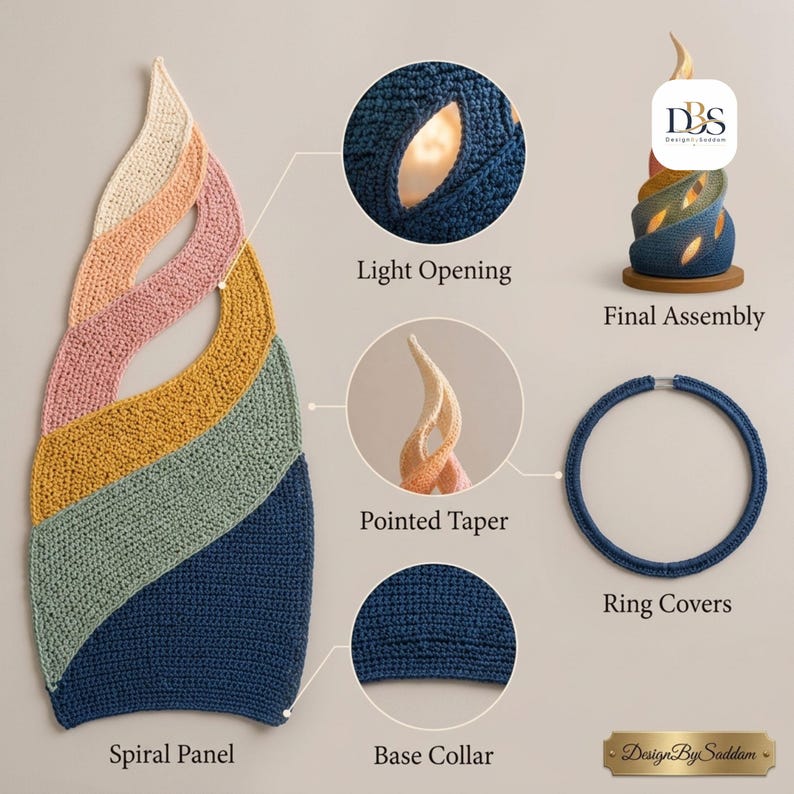 May include: A crochet lamp assembly guide featuring a multi-colored spiral panel in cream, pink, mustard, sage, and navy blue. Includes circular detail insets labeled Light Opening, Pointed Taper, Final Assembly, Ring Covers, and Base Collar.