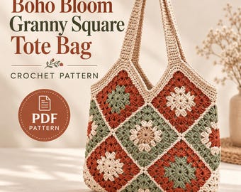 Puede incluir: Un bolso tote de ganchillo con patrón de cuadrados granny en tonos óxido, verde salvia y crema. El texto dice 205 Boho Bloom Granny Square Tote Bag CROCHET PATTERN y PDF PATTERN. El bolso tiene dos asas y un motivo en forma de diamante.