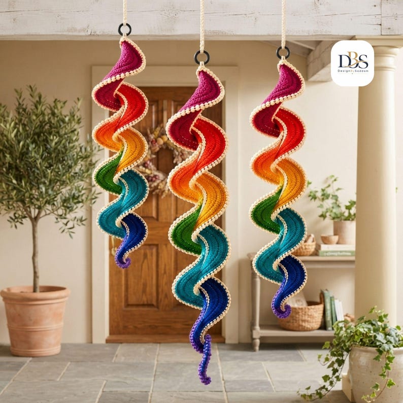 May include: Three hanging spiral decorations featuring a vibrant rainbow gradient of crocheted yarn in shades of magenta, red, orange, yellow, green, teal, and blue. Each spiral is edged with small white beads and suspended from a black ring.