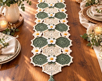 Daisy Crochet Table Runner Pattern PDF, White Floral Lace Octagon Runner, Sage Green Decor
