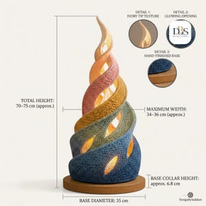 May include: A spiral-shaped table lamp with a textured, multi-colored gradient surface transitioning from dark blue at the base to yellow at the ivory tip. It features a glowing opening, a wooden base, and dimensions of 70-75 cm height and 35 cm base diameter.
