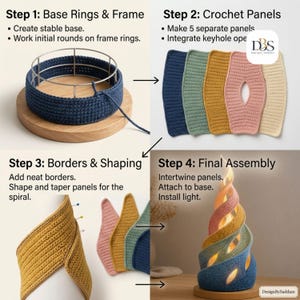 May include: A four-step instructional guide for a crochet project. Step 1 shows a blue crochet piece on a metal frame. Step 2 displays five colored panels. Step 3 shows shaped panels with pins. Step 4 features a finished spiral lamp with internal light.