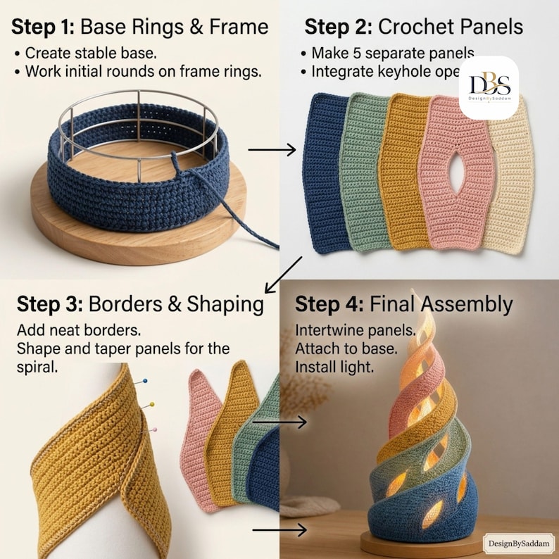 May include: A four-step instructional guide for a crochet project. Step 1 shows a blue crochet piece on a metal frame. Step 2 displays five colored panels. Step 3 shows shaped panels with pins. Step 4 features a finished spiral lamp with internal light.