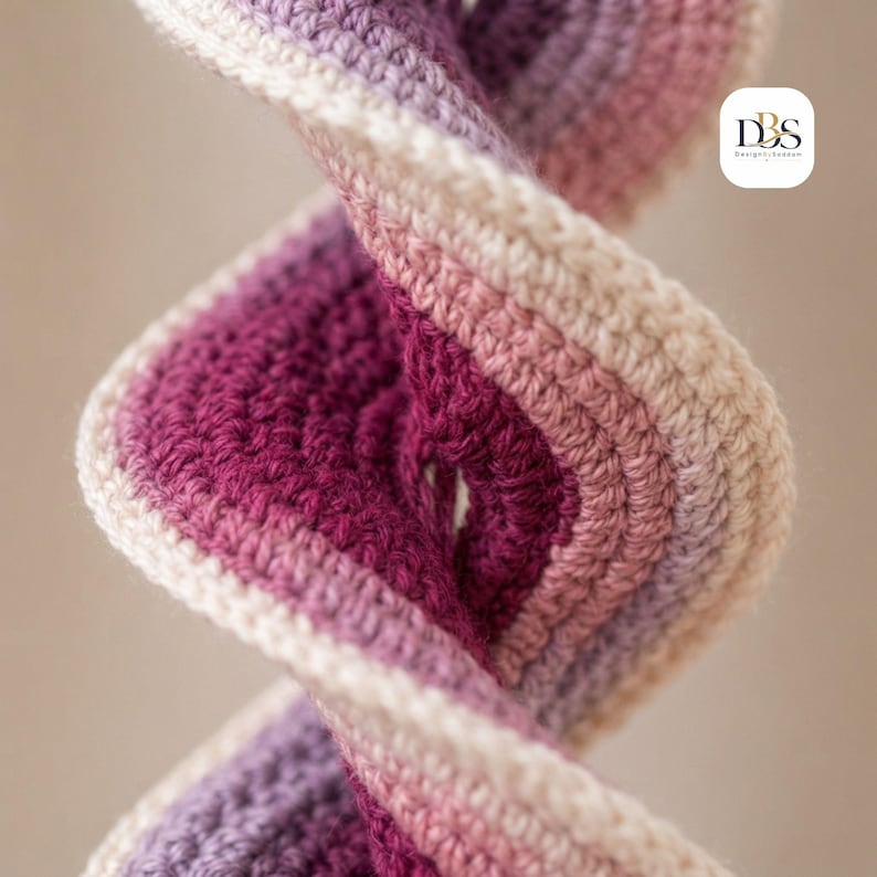 May include: A spiral-shaped crochet decoration featuring a gradient of colors including deep magenta, plum, lavender, and cream. The yarn is worked in a tight stitch pattern, creating a continuous twisted form. A small white logo reads DBS Design-Sodden.