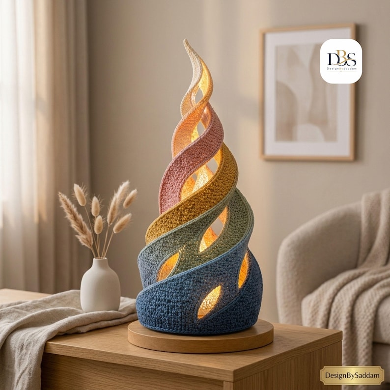 May include: A spiral-shaped table lamp featuring a textured, crocheted exterior in a gradient of colors transitioning from dark blue at the base to light blue, green, yellow, pink, and cream at the top, mounted on a circular wooden base.