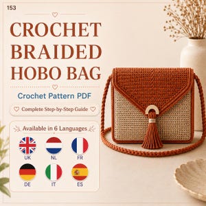 Op de afbeelding: Een gehaakte hobo-tas met een roestkleurige flap en een beige body, voorzien van een gevlochten schouderband en een centrale kwast met een goudkleurig accent. De tekst luidt: 153 CROCHET BRAIDED HOBO BAG, Crochet Pattern PDF, Complete Step-by-Step Guide, Available in 6 Languages.