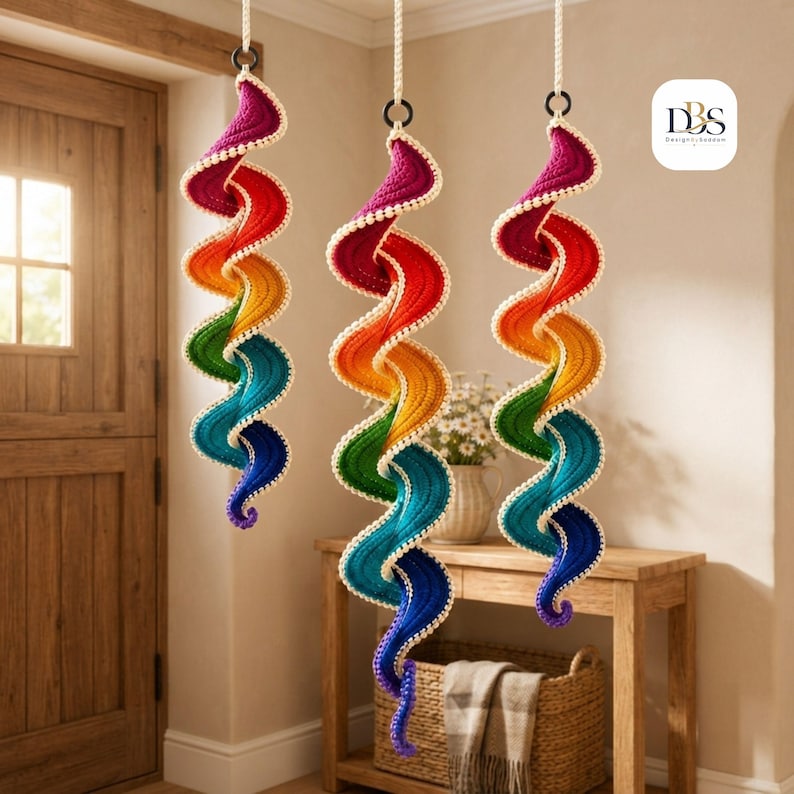 May include: Three hanging spiral decorations made of crocheted yarn in a vibrant rainbow gradient of purple, red, orange, yellow, green, and blue. Each spiral features a white crocheted edge and is suspended from a white cord with a black ring.