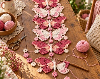 Butterfly Crochet Table Runner Pattern PDF, 3D Pink Lace, Spring Decor