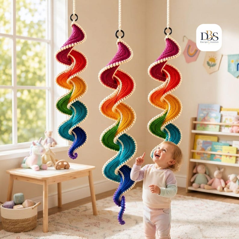 May include: Three hanging spiral decorations made of crocheted yarn in a vibrant rainbow gradient of magenta, red, orange, yellow, green, blue, and purple. Each spiral features a cream-colored scalloped edge and hangs from a white rope with a black ring.