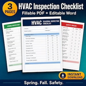 Könnte beinhalten: Ein dreiseitiges HVAC-Inspektionschecklisten-Set, bestehend aus einem Frühjahrsinspektionsformular, einer saisonalen Inspektionscheckliste und einem Sicherheitsprüfungsformular, verfügbar als ausfüllbare PDFs und bearbeitbare Word-Dokumente.