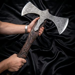 May include: A double-bitted axe featuring a silver-toned metal head with intricate embossed knotwork patterns and a dark brown wooden handle carved with matching detailed interlacing designs along its entire length.