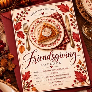 Op de afbeelding: Een Friendsgiving potluck uitnodigingskaart met een stuk pompoentaart op een bord met patroon, een vork en een mes. De tekst luidt: Please join us for a Friendsgiving potluck, Thursday, November 26, 2026, 07:00 PM, 1234 Maplewood Avenue, Portland, Oregon 97205, RSVP to November 19 (123) 589 456 89, versierd met rode herfstbladeren en bessen.