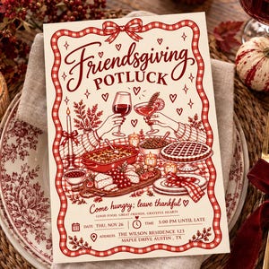 Mall för inbjudan till Friendsgiving-fest, rödrutig Thanksgiving-inbjudan, redigerbar canvas, utskrivbar inbjudan till höstmiddag