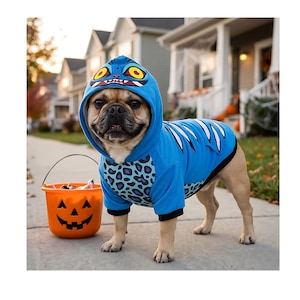 May include: A tan French Bulldog wearing a bright blue hooded pet sweater with a monster face on the hood, a leopard print chest panel, and white claw marks on the back. Beside the dog sits an orange plastic jack-o'-lantern candy bucket.