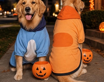 Blue Cartoon Puppy Dog Hoodie | Spotted Blue & Orange Pet Costume Sweater | Matching Sibling Dog Clothes