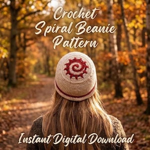 May include: A crochet beanie featuring a cream-colored base with a dark red spiral design on the crown and a red trim at the bottom edge. The text Crochet Spiral Beanie Pattern and Instant Digital Download is visible on the image.