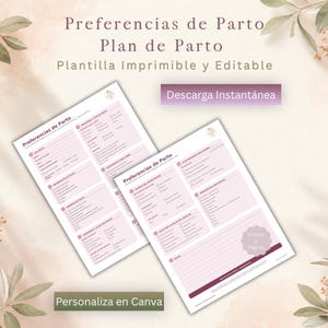 May include: A two-page printable birth preference plan template in Spanish, featuring light pink sections with checkboxes for medical information, labor environment, pain relief, newborn care, and hospital bag lists, with the text "Preferencias de Parto".