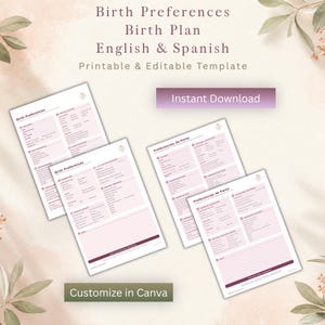 May include: A printable and editable birth plan template in English and Spanish. The document features sections for birth preferences, medical details, and notes, presented on a light pink background with dark text. Includes the text Instant Download.