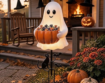Halloween spook tuinlamp op zonne-energie, snoepkomhouder in de vorm van een pompoen voor trick-or-treat, griezelig cadeau voor tuin en pad.