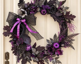 Gothic Halloween Wreath, Black Purple Roses, Glitter Pumpkin Spider Web Grapevine