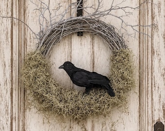 Handcrafted Gothic Raven Wreath, Spanish Moss, Halloween Door Decor