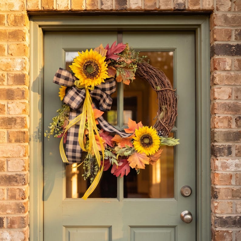 Sunflower grapevine wreath with autumn foliage and a black and cream buffalo check bow