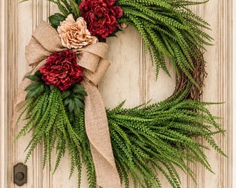 Everyday Wreath with Burgundy Peonies, Burlap Bow, Farmhouse Decor