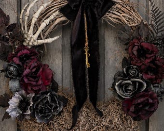 Handcrafted Gothic Wreath, Burgundy Black Roses, Skeleton Hand, Vintage Key Charm (18" Diameter)