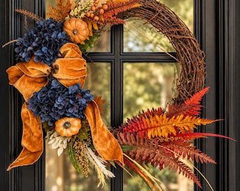 Handcrafted Grapevine Autumn Wreath, Navy Hydrangea, Pumpkin, Velvet Bow (18" Diameter)