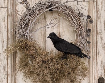 Southern Gothic Wreath, Spanish Moss, Halloween Wreath for Front Door, Spooky Twig Wreath with Crow