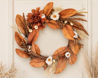 The Copper Magnolia Wreath — Fall Wreath for Front Door, Magnolia Leaf Autumn Wreath, Neutral Boho Fall Decor