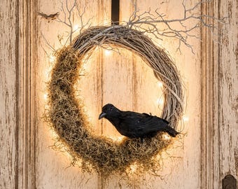 Handcrafted Southern Gothic Raven Wreath, Spanish Moss, Pre-Lit Halloween Door Decor (18" Diameter)
