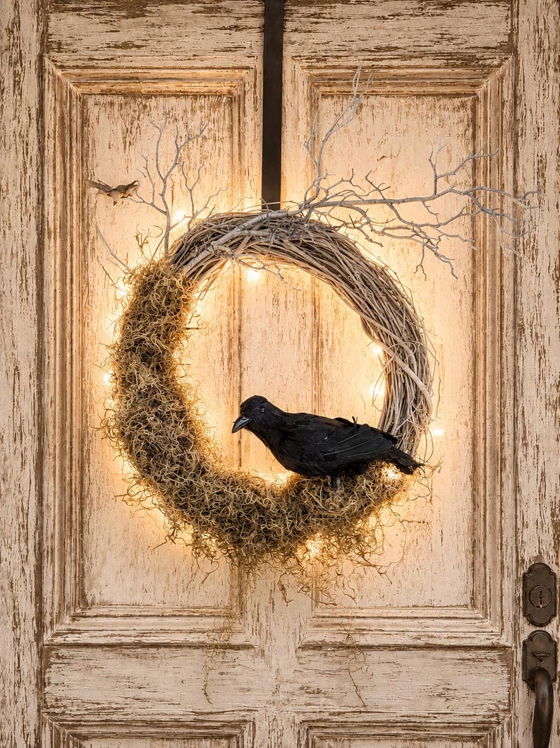 Bare branch Halloween wreath with Spanish moss, a black crow and warm LED lights