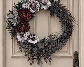Velvet Shadow Wreath, Gothic Halloween Door Decor, Burgundy Roses, Moody Floral Foliage
